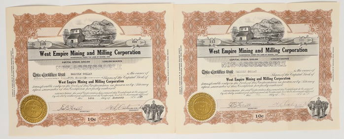 West Empire Mining & Milling Corporation Stock Certificate Pair [202155]