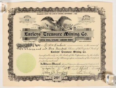 Earley's Treasure Mining Company Stock Certificate, 1909 [202170]
