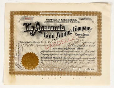 The Anaconda Gold Mining Co. Stock signed by Moffat [200198]