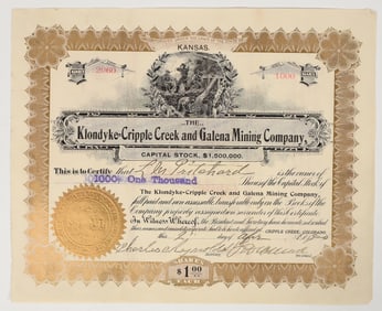 Klondyke-Cripple Creek & Galena Mining Company Stock Certificate, 1900 [200839]