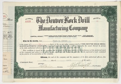 Denver Rock Drill Manufacturing Company Stock Certificate, 1927 [201700]
