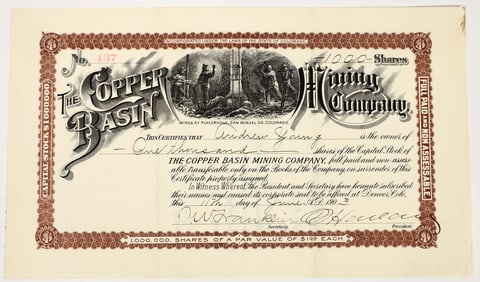 Copper Basin Mining Company Stock Certificate, 1903 [202711]