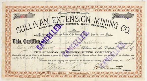 Sullivan Extension Mining Company Stock Certificate, 1888 [201730]