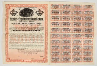 Penokee & Gogebic Consolidated Mines Co., Michigan & Wisconsin, $1,000 Specimen Bond, 1891 [202709]