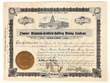 Thunder Mountain-Goldfield-Bullfrog Mining Syndicate Stock Certificate [200306]