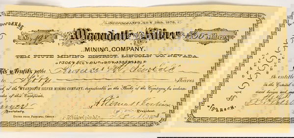 Wyandotte Silver Mining Co. Stock Certificate, Tempiute, Nevada, 1878 [202710]