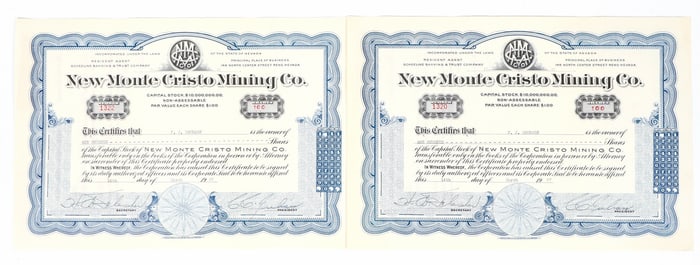 New Monte Cristo Mining Co. Stocks Signed by Swindler CC Julian [200877]
