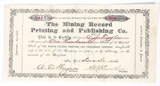 Mining Record Printing & Publishing Company Stock Certificate [200876]