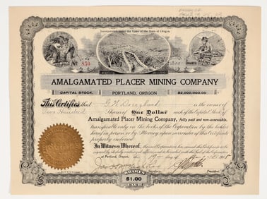 Amalgamated Placer Mining Company Stock Certificate, 1908 [201709]