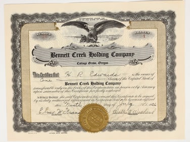 Bennett Creek Holding Company Stock Certificate, 1926 [201688]