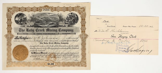 Ruby Creek Mining Company Stock Certificate, 1912, Number 1 [201710]