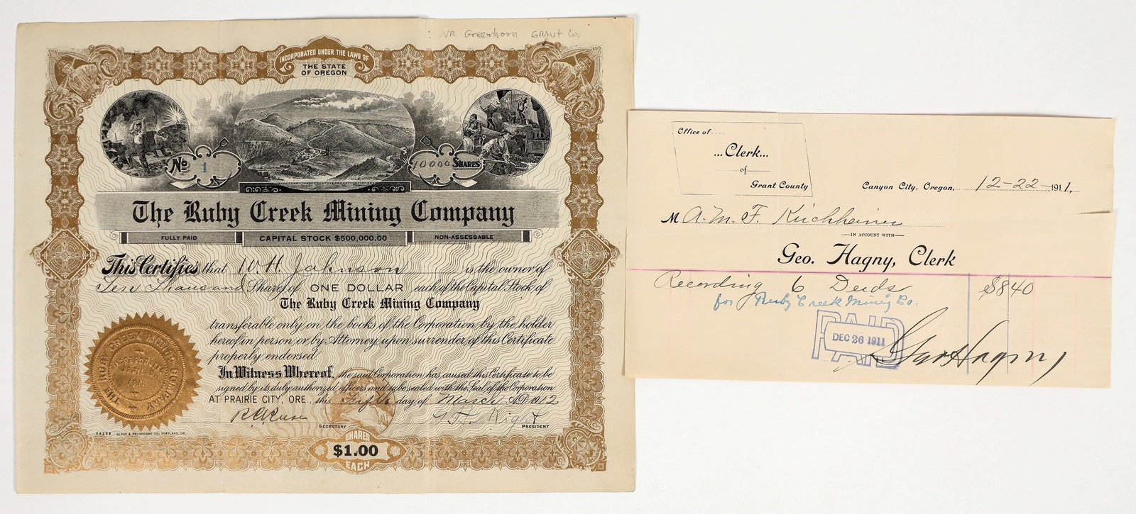 Ruby Creek Mining Company Stock Certificate, 1912, Number 1 [201710]: Greenhorn, Grant County, Oregon. Inc. in Oregon. Stock no. 1, issued for 10,000 shares to WH Johnson in Prairie City, OR, 1912. Signed by president Night and the secretary. Gold border and seal, three