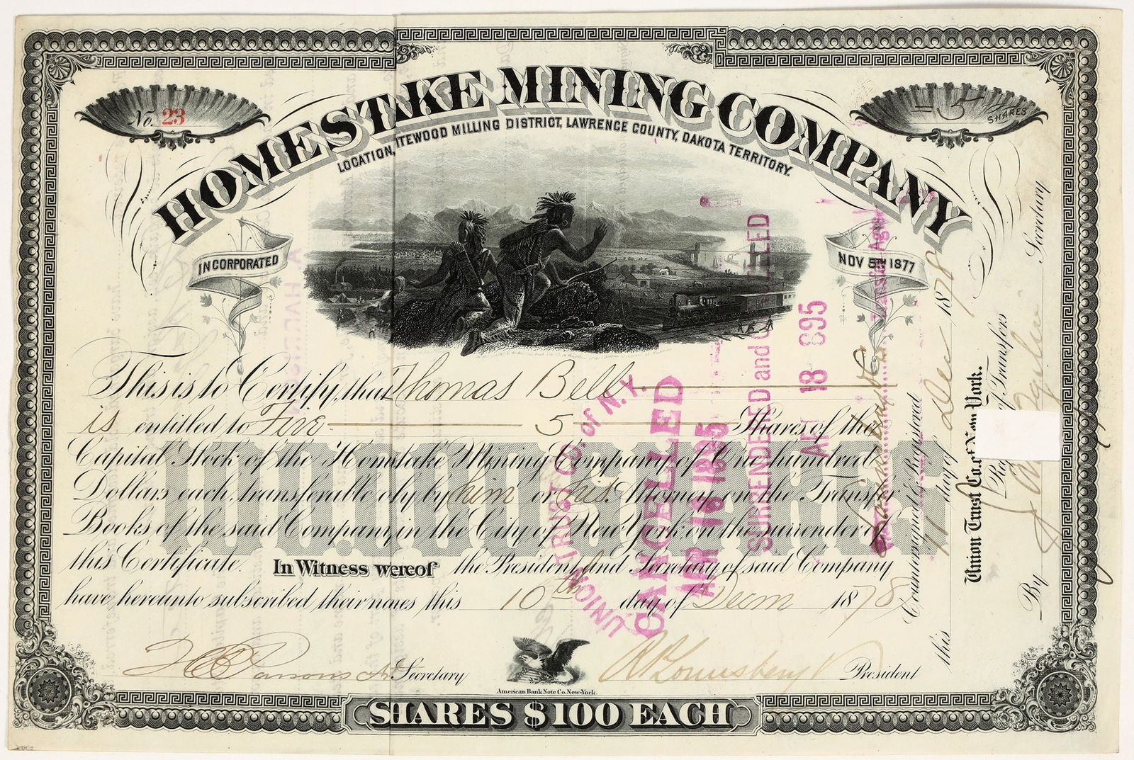Homestake Mining Company Stock Issued to Comstock Financier Thomas Bell [201754]: Nice early Homestake stock no. 23, issued in 1878 to Thomas Bell for five shares. Bell was a major player with the Virginia & Truckee Railroad, Bank of California, and Eureka & Palisade RR. Endorsed t