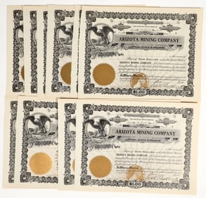 Arizota Mining Company Stock Certificates Signed by Seth Bullock, Deadwood Sheriff (10) [198223]