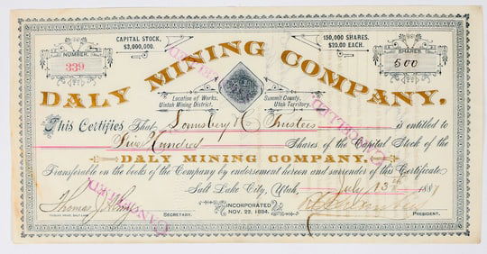 Daly Mining Company Stock Certificate, 1887, Issued to Hearst Partner Lounsbery [200873]