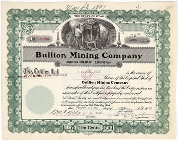 Bullion Mining Company Stock Certificate, 1938, Tintic, Utah [201698]