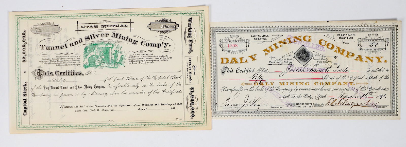 Utah Mining Stock Pair: Daly MC and Utah Mutual Tunnel & SMC [200872]: Lot of 2 different. 1) Daly Mining Company. Location: Uintah Mining District, Summit County, Utah Territory (printed at top). No. 1298, issued for 50 shares to Josiah Barnett in 1891. Signed by presid