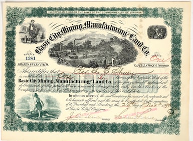 Basic City Mining, Manufacturing & Land Co. Stock Certificate [201749]