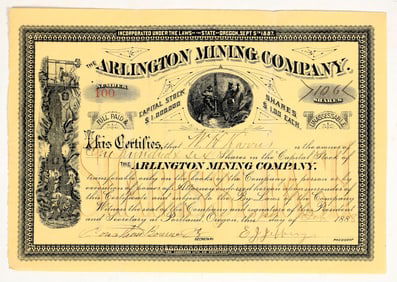 Arlington Mining Company Stock Certificate, 1888 [201731]