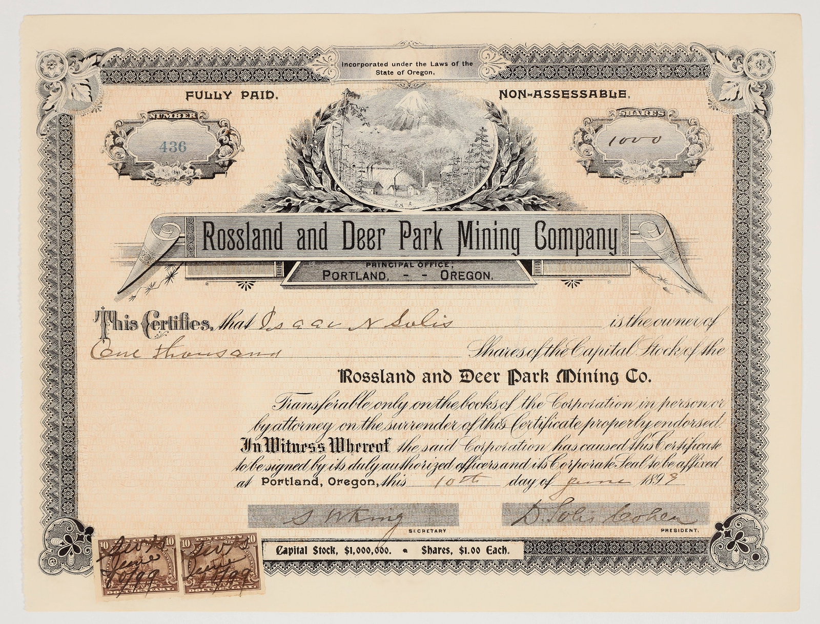 Rossland & Deer Park Mining Company Stock Certificate, 1899 [201693]: Inc. in Oregon. No. 436, issued for 1,000 shares to Isaac Solis for 1,000 shares in Portland in 1899. Signed by president D. Solis Cohen and secretary S. King. Not cancelled. Black border and print, o