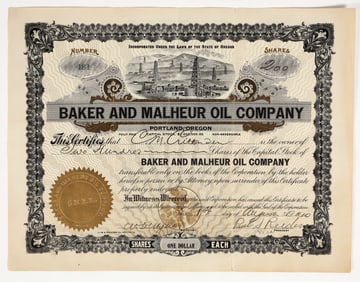 Baker & Malheaur Oil Company Stock Certificate, 1910 [201699]