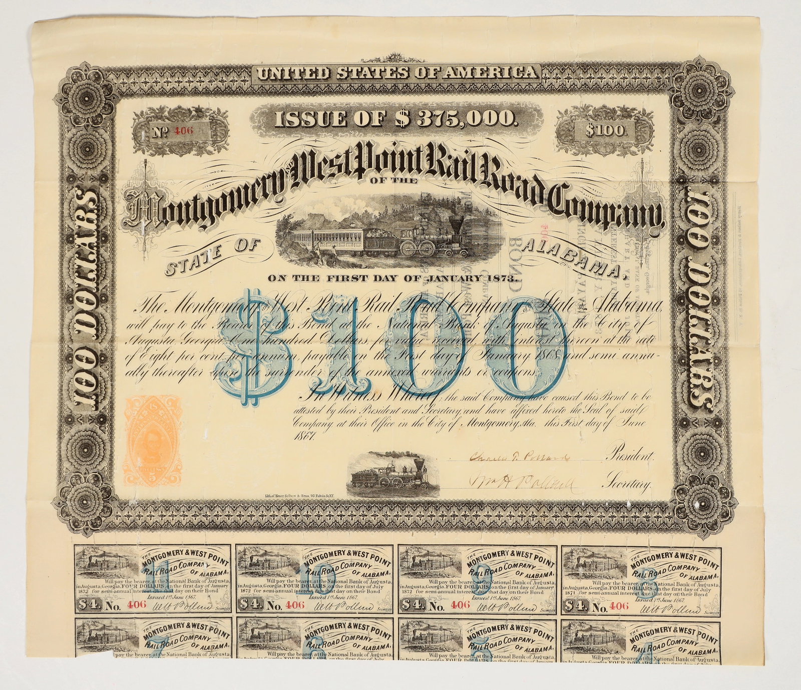 RN Montgomery and West Point Rail Road Co. Bond [200164]: State od Alabama. I/U. Montgomery and West Point Rail Road Co.$100 Bond, issued 1867 and due 1873. Vignette of train top and bottom center. Imprinted RN-P5 front left bottom. 11 coupons attached. EF c