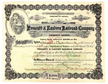 Prescott & Eastern Railroad Company Stock Certificate, 1903 [201793]
