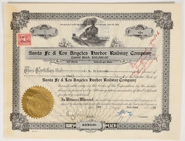Santa Fe & Los Angeles Harbor Railway Company Stock Certificate, 1932 [201740]