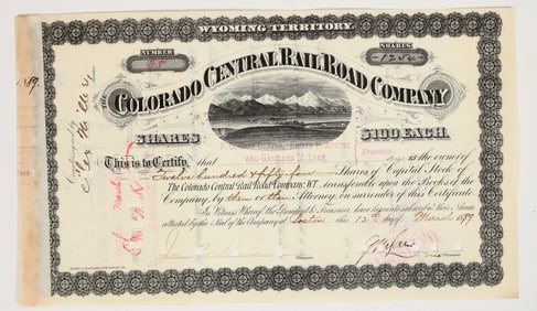 Colorado Central Railroad Company Stock Certificate, 1889 [201798]