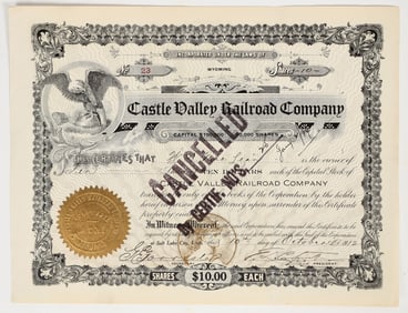 Castle Valley Railroad Company Stock Certificate (Coal Mining) [201782]