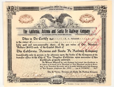 California, Arizona and Santa Fe Railway Company Stock Certificate, 1918 [201786]