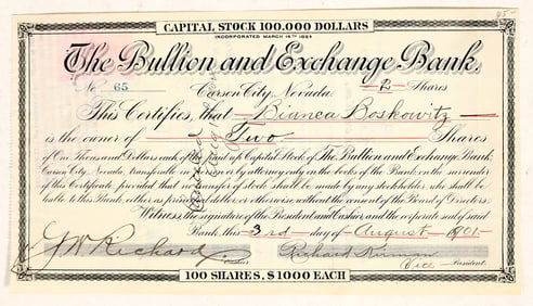 The Bullion & Exchange Bank - $2,000 cert [199911]