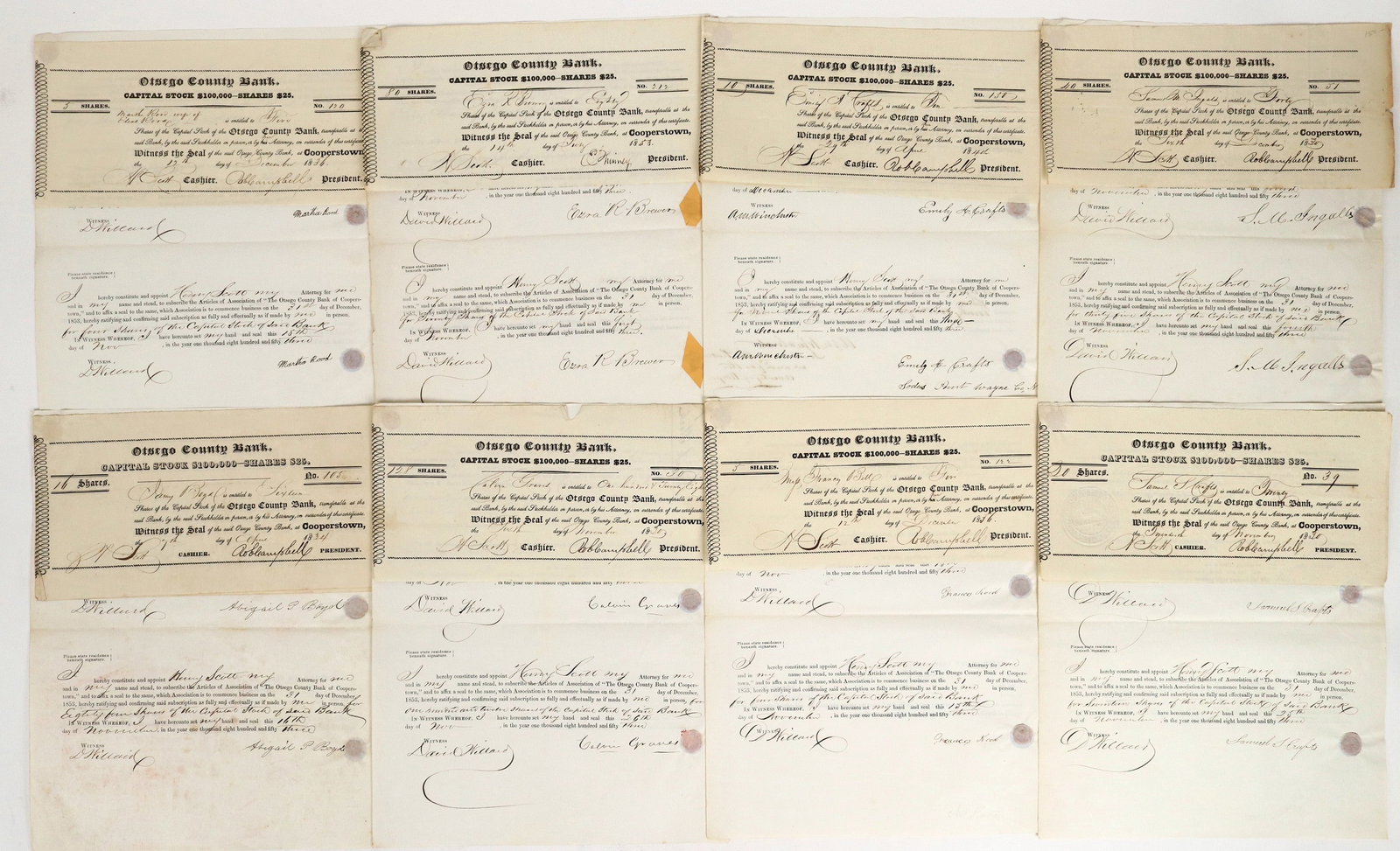 Otsego County Bank Stocks [199299]: Lot of 8. I/U, Otsego County Bank, NY. Eight stock certificates with paired power of attorney. 1830-53. ^Date: 1830 -53Country (if not USA): State: New YorkCity: Provenance: Ken Prag Collection