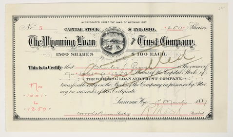 Wyoming Loan & Trust Co. Stock Certificate, #5 [200864]