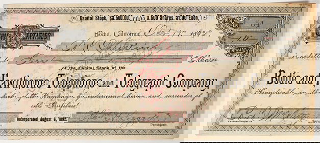 Bodie & Hawthorne Telephone & Telegraph Co. Stock Certificate, 1892 [200837]