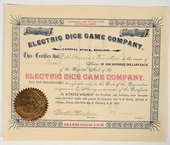 Electric Dice Game Company Stock Certificate [200834]