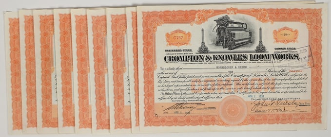 Crompton & Knowles Loom Works Stock Certificates (10) [200817]