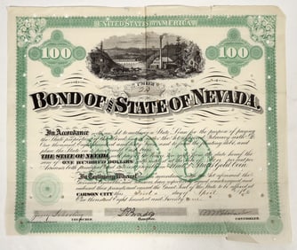 $100 State of Nevada Bond, 1871, Signed by Governor Bradley [202473]