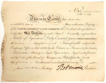 North American Land Company Stock Signed by Founding Father Robert Morris, Uncancelled [199265]