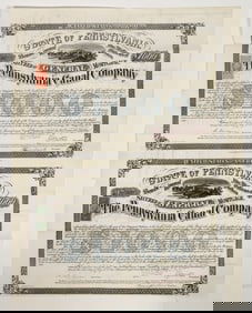 Pennsylvania Canal Company Bonds w/ Rare Adhesive Revenue Stamps (2) [200835]