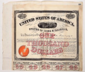 Dunleith and Dubuque Bridge Bond, 1868, Rare [191683]