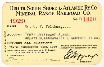 Duluth, South Shore & Atlantic Railway/Mineral Range Railroad Co. Annual Pass [200923]