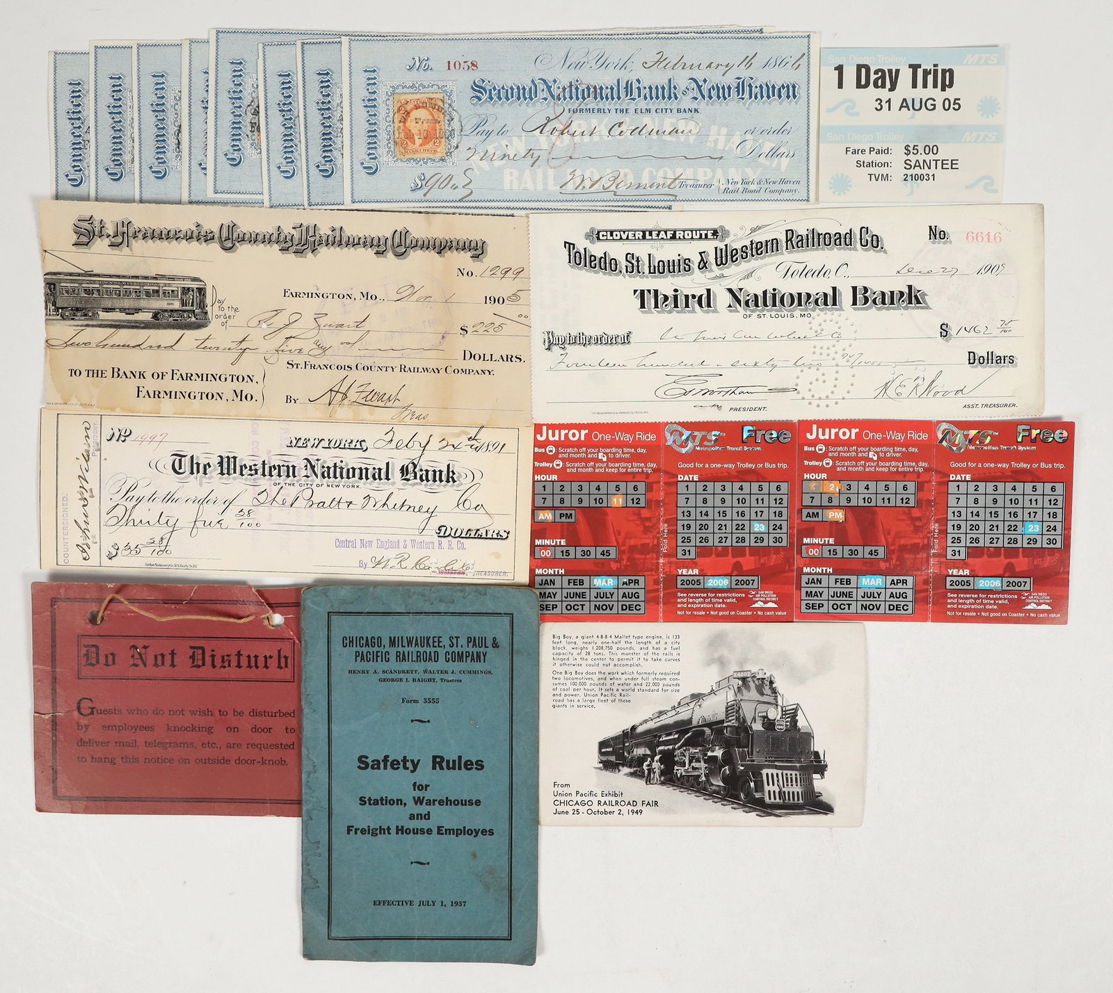 Railroad Checks & Ephemera [201108]: Lot of 17. Checks: eight New York & New Haven Railroad Co. checks issued in 1866; Central New England & Western RR, 1891, New York; Toledo, St. Louis & Western RR, 1909; and St. Francois County Railwa