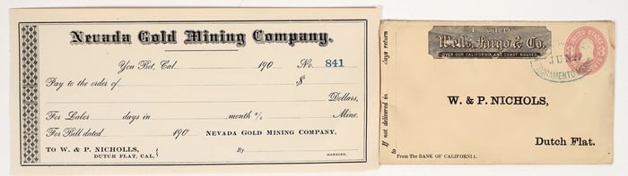 Wells Fargo Cover to Dutch Flat Bankers W&P Nicholls, 1866, Plus Receipt [201673]