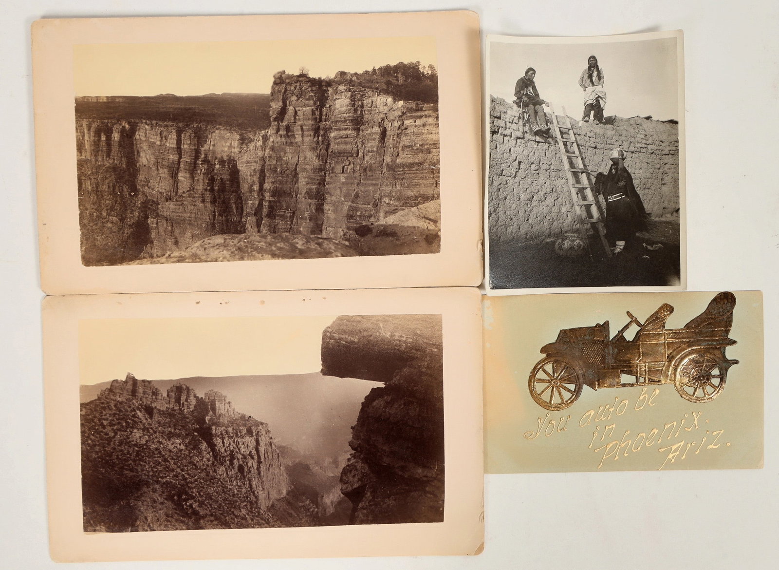 Arizona Photographs & Postcard [197564]: Lot of 4. 1 and 2) Two different cabinet cards of the Grand Canyon by Erwin Baer, Photographer in Prescott. c.late 1880s-1890s. These are not your typical Grand Canyon views. One has a few scuffs and 