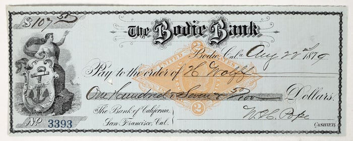 Bodie Bank Blue Revenue Check to H. Wolff, 1879 [201084]