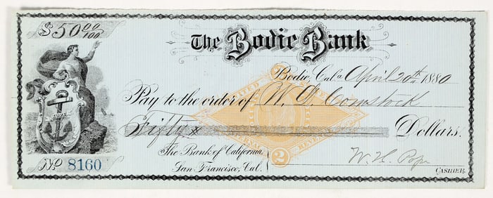 Rare Bodie Bank Blue Revenue Check, RN-G, to WD Comstock, 1880 [201081]
