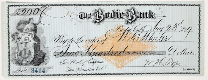 Bodie Bank Revenue Check Issued to WB Wheeler, California/Nevada Stage Operator [201086]