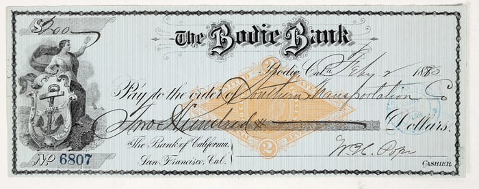 Bodie Bank Check Issued to Southern Transportation Co. (CA/NV Stage Line), 1880 [201087]
