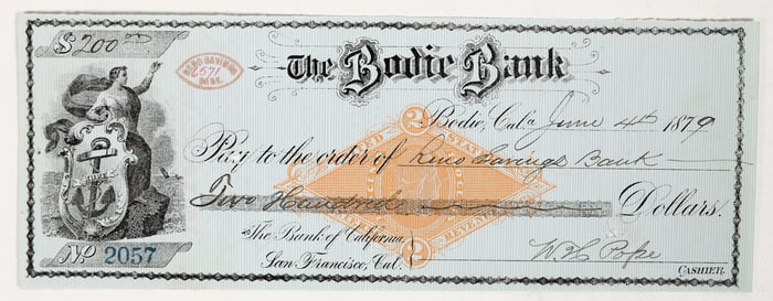Bodie Bank Blue Revenue Check to Reno Savings Bank, 1879 [201085]